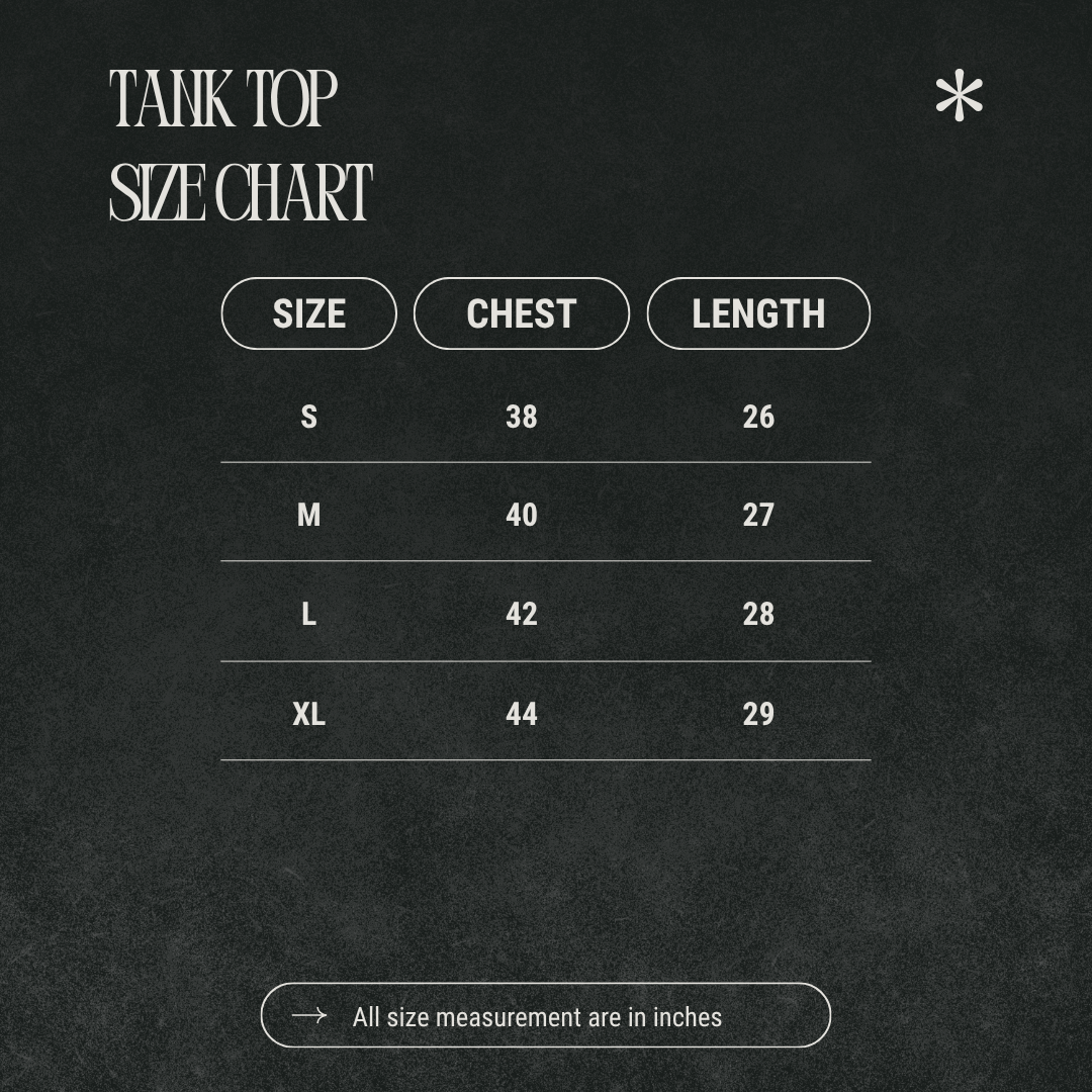 Size chart for tank tops from the grunge Indian Christian streetwear collection, listing chest and length measurements in inches for sizes S to XL. Chest ranges from 38" to 44" and length from 26" to 29".
