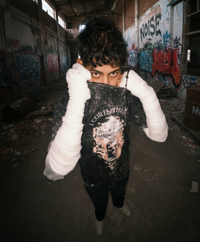 Person wearing a black t-shirt with graphics in an abandoned building with graffiti.
