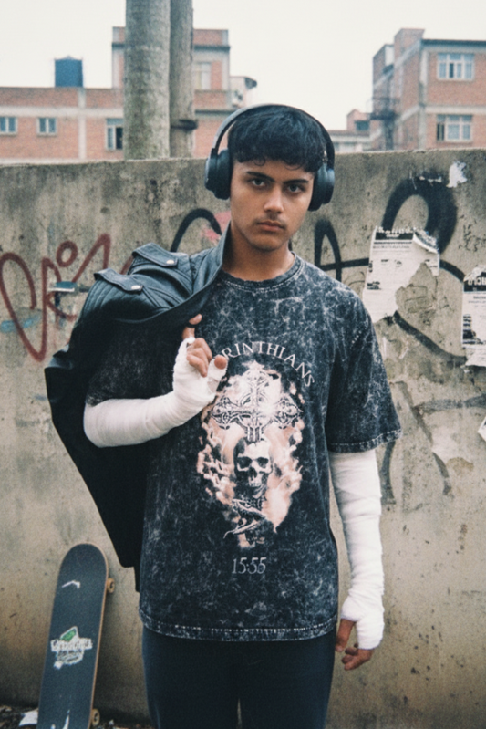 Person wearing a graphic t-shirt and headphones with a skateboard, standing against a graffiti-covered wall.