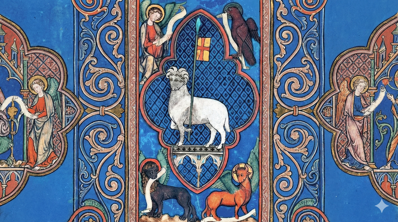 Gothic illustration of the Agnus Dei from Revelation 5, showing a lamb with seven horns holding a banner inscribed “AGNUS DEI,” resting on a platform with seven hanging seals, framed by dark, baroque ornamentation. The design merges ancient Christian symbolism with bold, distressed elements, reflecting East Of Eden’s grunge Indian Christian streetwear aesthetic.