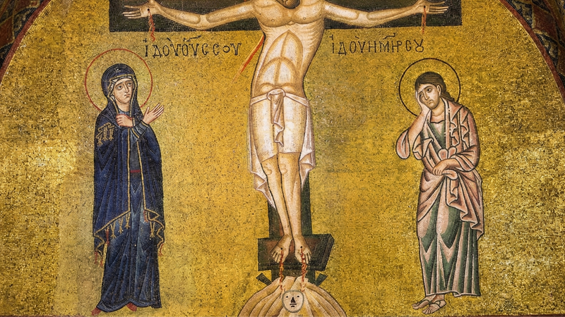 Gothic graphic design featuring a skull framed by pink-hued storm clouds, a metallic ornate cross above it, and a coiled serpent below, with the Bible verse reference "1 Corinthians 15:55" symbolizing triumph over death. The dark, spiritual imagery captures the raw, redemptive aesthetic central to East Of Eden’s grunge Indian Christian streetwear identity.