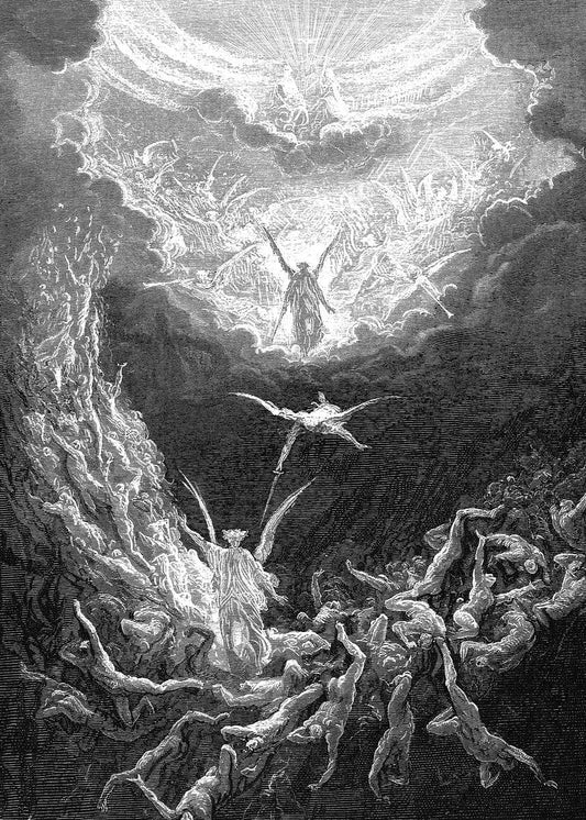 Engraving of angels casting out the damned in a dramatic celestial scene, used as the hero image for the “Complete The Revelation Trilogy” grunge Indian Christian streetwear collection featuring customisable tanks and tees.