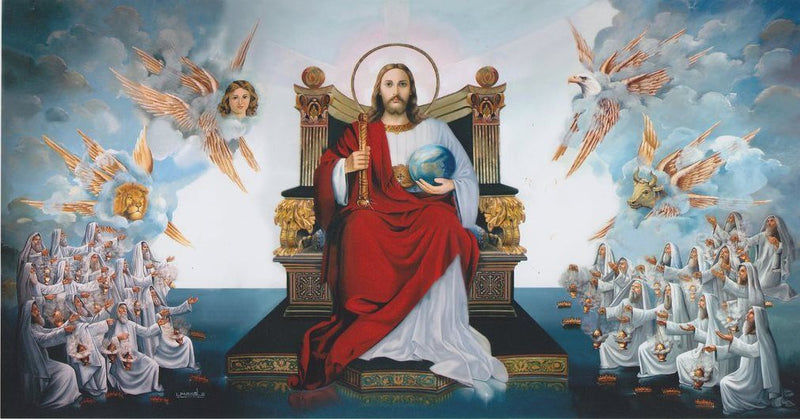 Surreal graphic of a radiant, golden-robed figure seated on a throne above the clouds, encircled by seven floating lamps, lightning bolts, and the word “THRONE” glowing overhead, with “Above Thrones” below. Inspired by the heavenly vision in Revelation, this artwork channels divine power through apocalyptic visuals—rooted in East Of Eden’s grunge Indian Christian streetwear style.